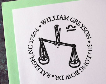 Libra Address Stamp, Medieval Woodcut, Zodiac Astrology Sign - Custom Personalized Gift - Housewarming - Wedding - Christmas - Birthday