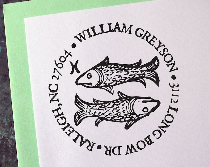 Pisces Address Stamp, Medieval Woodcut Zodiac Astrology Sign Fish - Custom Personalized Gift - Housewarming - Wedding - Christmas - Birthday