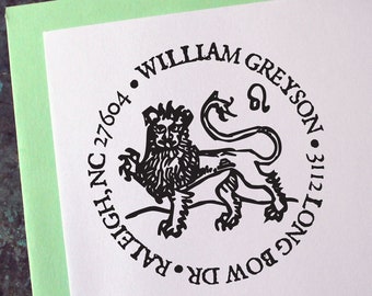Leo Address Stamp, Medieval Woodcut, Zodiac Astrology Sign - Custom Personalized Gift - Housewarming - Wedding - Christmas - Birthday