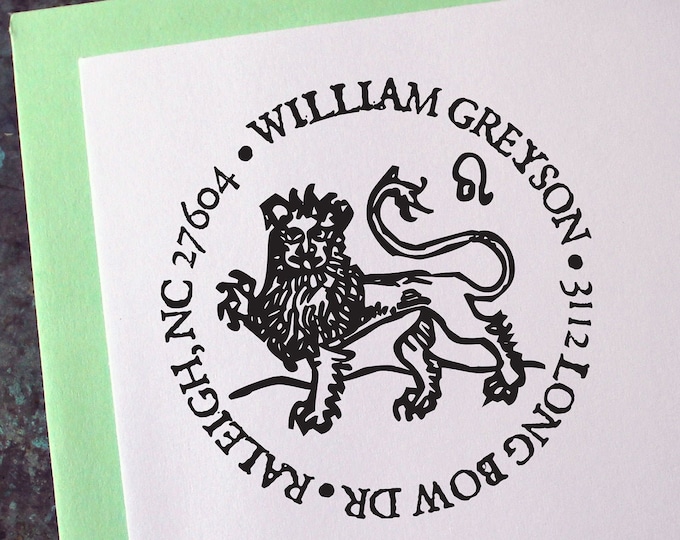 Leo Address Stamp, Medieval Woodcut, Zodiac Astrology Sign - Custom Personalized Gift - Housewarming - Wedding - Christmas - Birthday