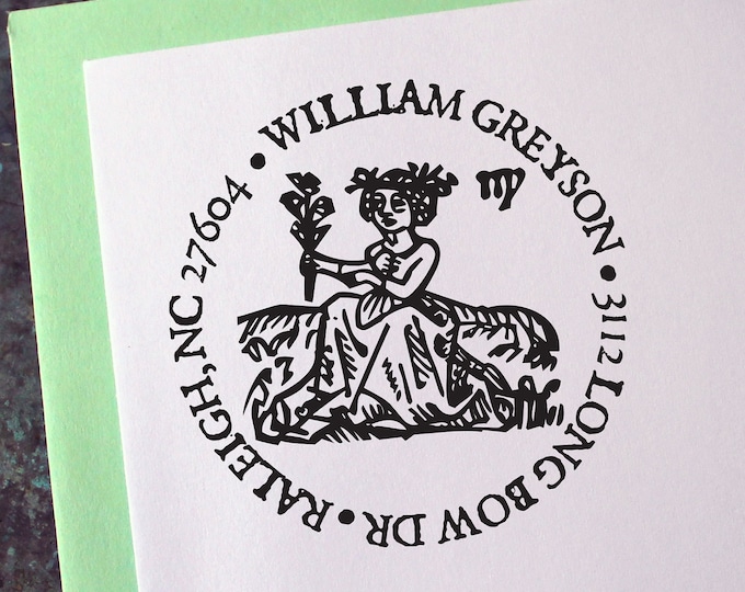 Virgo Address Stamp, Medieval Woodcut, Zodiac Astrology Sign - Custom Personalized Gift - Housewarming - Wedding - Christmas - Birthday