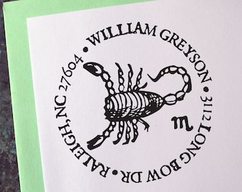 Scorpio Address Stamp, Medieval Woodcut, Zodiac Astrology Sign - Custom Personalized Gift - Housewarming - Wedding - Christmas - Birthday