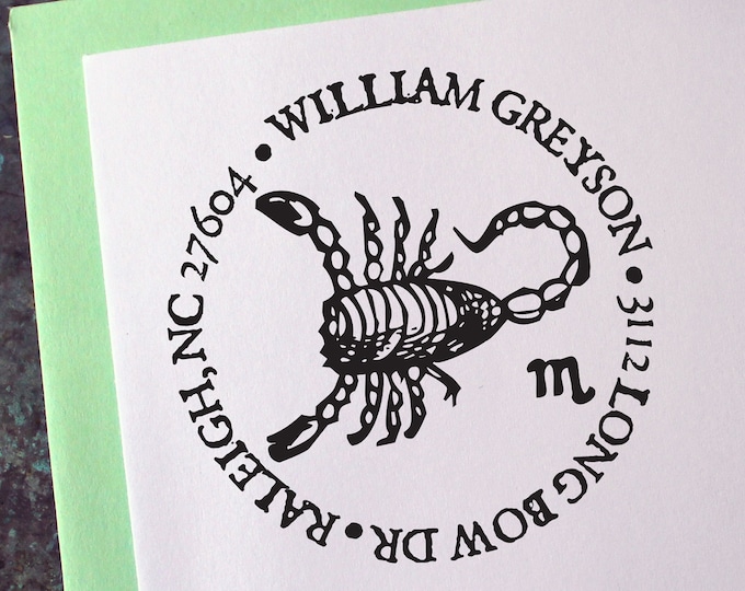 Scorpio Address Stamp, Medieval Woodcut, Zodiac Astrology Sign - Custom Personalized Gift - Housewarming - Wedding - Christmas - Birthday