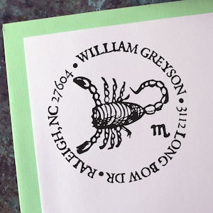 Scorpio Address Stamp, Medieval Woodcut, Zodiac Astrology Sign - Custom Personalized Gift - Housewarming - Wedding - Christmas - Birthday