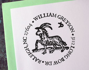 Capricorn Address Stamp, Medieval Woodcut, Zodiac Astrology Sign - Custom Personalized Gift - Housewarming - Wedding - Christmas - Birthday