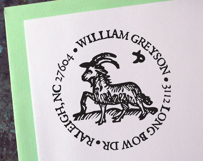 Capricorn Address Stamp, Medieval Woodcut, Zodiac Astrology Sign - Custom Personalized Gift - Housewarming - Wedding - Christmas - Birthday