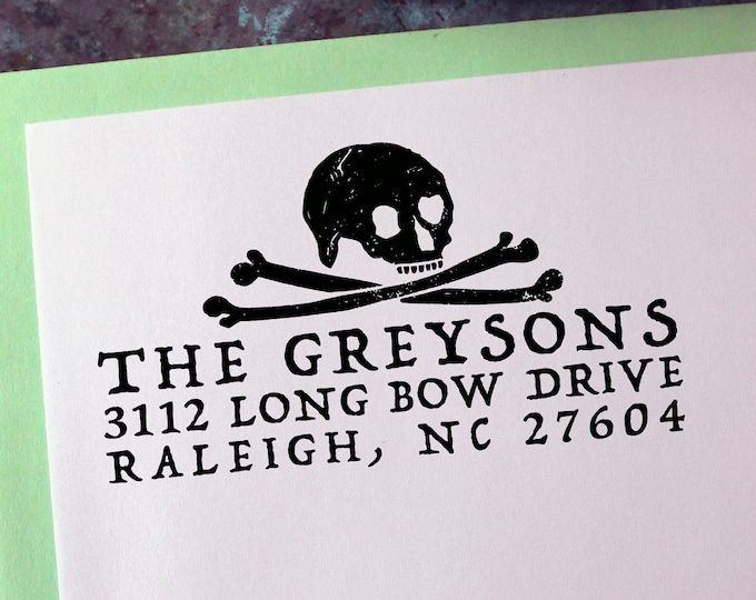 Custom Address Stamp, Gravestone Rubbing - Gothic - Skull & Crossbones - Personalized Gift - Save the Date - Pirate - Christmas - Halloween