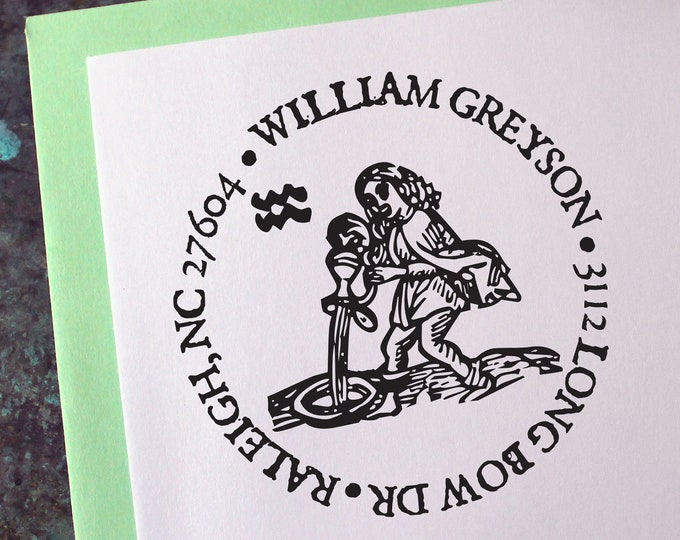 Aquarius Address Stamp, Medieval Woodcut, Zodiac Astrology Sign - Custom Personalized Gift - Housewarming - Wedding - Christmas - Birthday