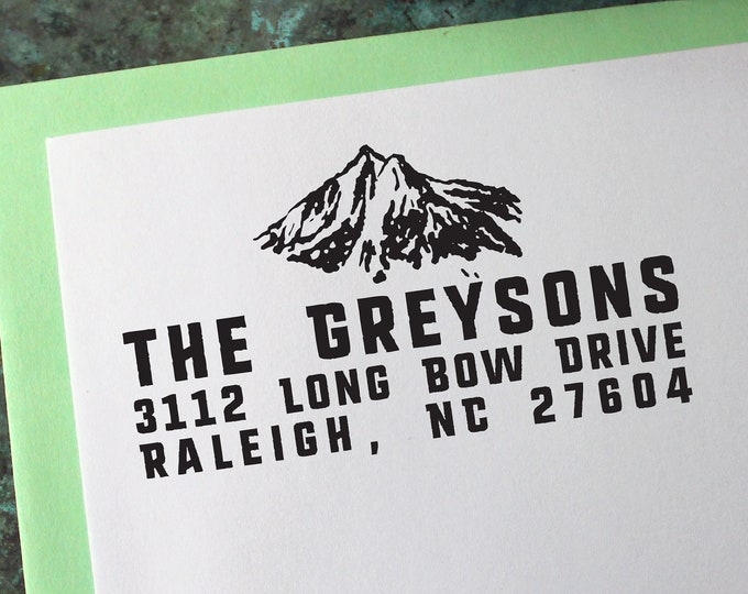 Custom Address Stamp, Mountain - Personalized Gift - Housewarming - Newlywed - Wedding - Save the Date - Christmas Card - Self Inking - Wood
