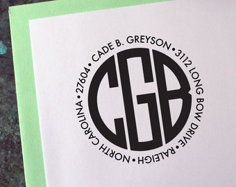 Custom Address Stamp, Round Monogram - Personalized Gift - Housewarming - Wedding Invitation - Save the Date - Christmas Cards - Self Inking