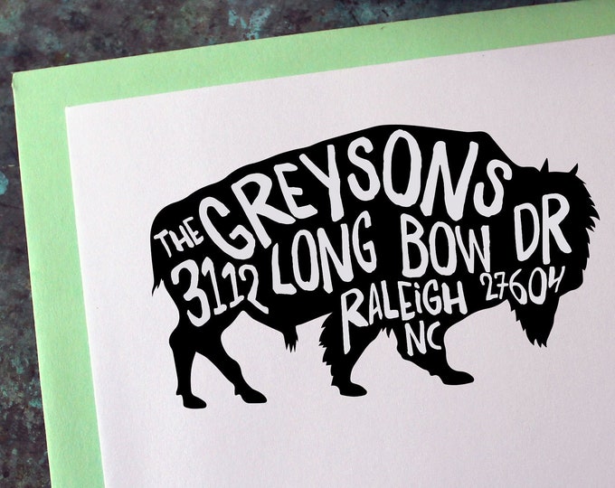 Custom Address Stamp, Buffalo Bison - Personalized Gift - Housewarming - Wedding Invitations - Save the Date - Christmas Cards - Self Inking