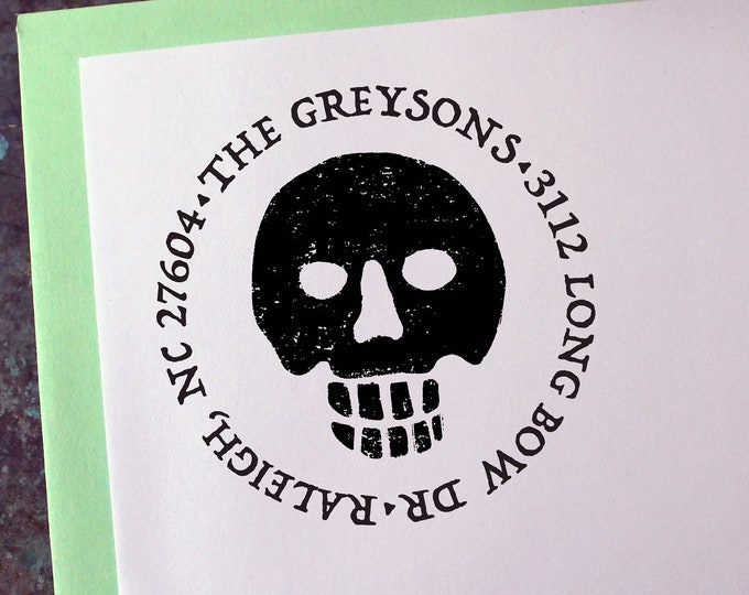 Custom Address Stamp, Gravestone Rubbing Skull - Personalized Gift - Gothic - Housewarming - Wedding - Save the Date - Christmas - Halloween