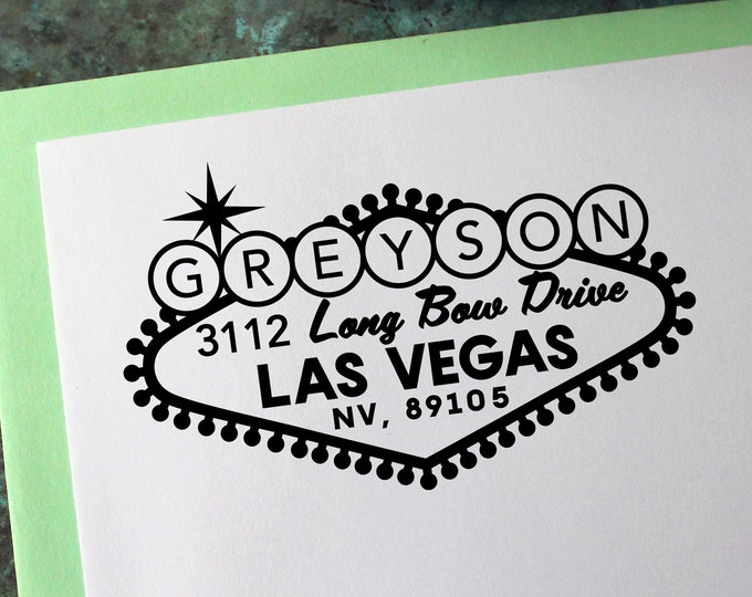 Custom Address Stamp, Las Vegas Sign - Personalized Gift - Housewarming - Newlywed - Wedding - Save the Date - Christmas Card - Self Inking