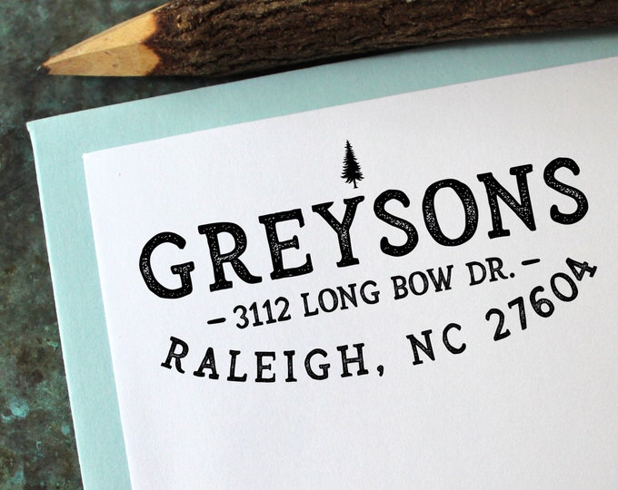 Custom Address Stamp, Evergreen Pine Tree - Personalized Gift - Housewarming - Newlywed - Wedding - Holiday - Christmas - Xmas - Self Inking