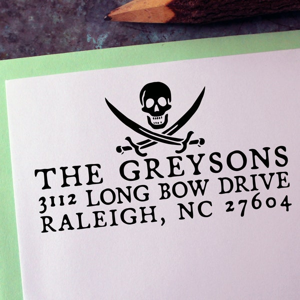 Custom Address Stamp, Pirate Flag - Calico Jack - Gothic - Skull - Personalized Gift - Housewarming - Save the Date - Christmas - Halloween