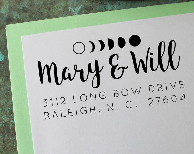 Custom Address Stamp, Moon Phases - Personalized Gift - Housewarming - Newlywed - Wedding - Save the Date - Christmas - Lunar - Self Inking
