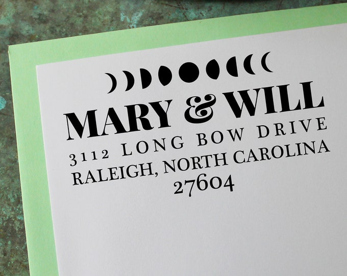 Custom Address Stamp, Moon Phases - Personalized Gift - Housewarming - Newlywed - Wedding - Save the Date - Christmas - Lunar - Self Inking
