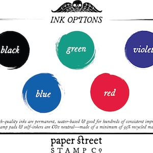 May include: Image displaying ink colour options: black, green, violet, blue, and red. Each colour is presented within a circular brushstroke. The text "INK OPTIONS" is at the top, with text describing the ink's qualities and the brand "paper street STAMP CO."