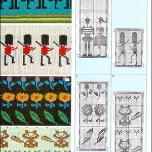 Peut inclure: Un diagramme de point de tricot avec quatre motifs différents. Le premier motif est une rangée de personnes portant des chapeaux et des manteaux. Le deuxième motif est une rangée de personnes portant des manteaux et des chapeaux rouges. Le troisième motif est une rangée de fleurs et de feuilles. Le quatrième motif est une rangée de chats.