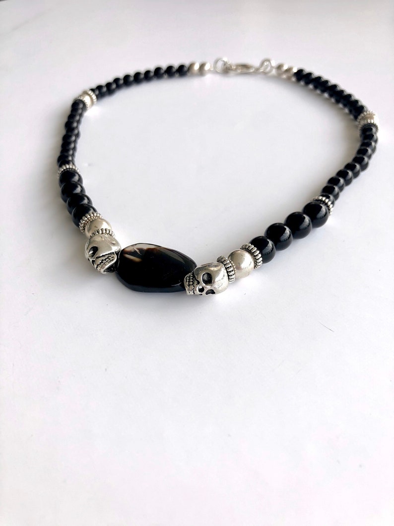 Short skull necklace for men and women 925 sterling silver with black onyx goth necklace Valentine/'s day gift