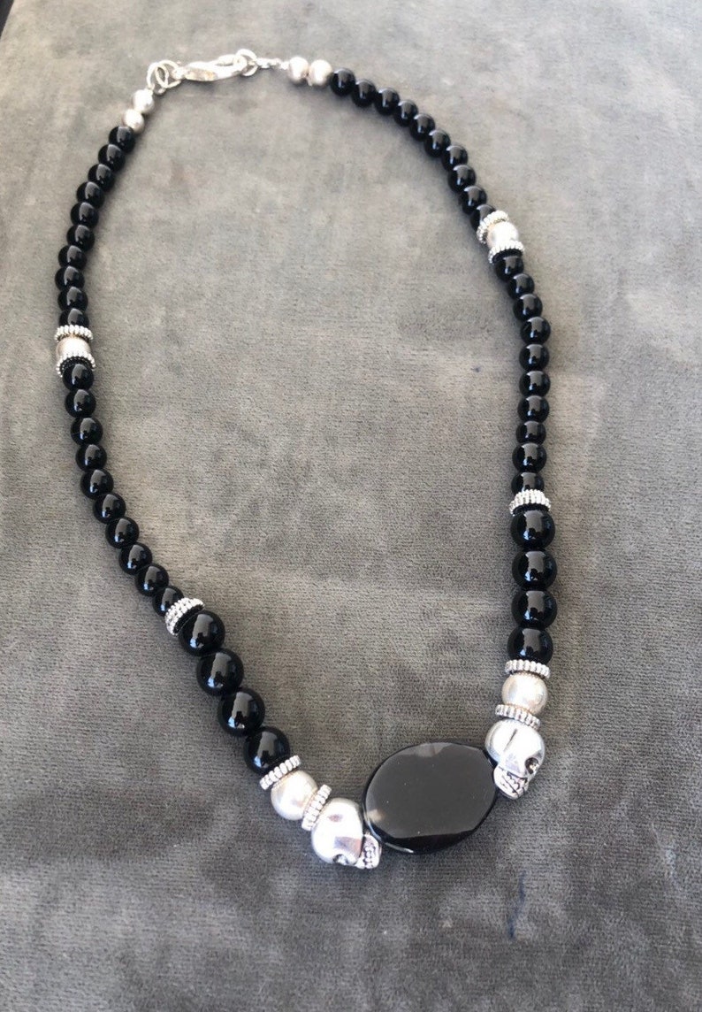 Short skull necklace for men and women 925 sterling silver with black onyx goth necklace Valentine/'s day gift