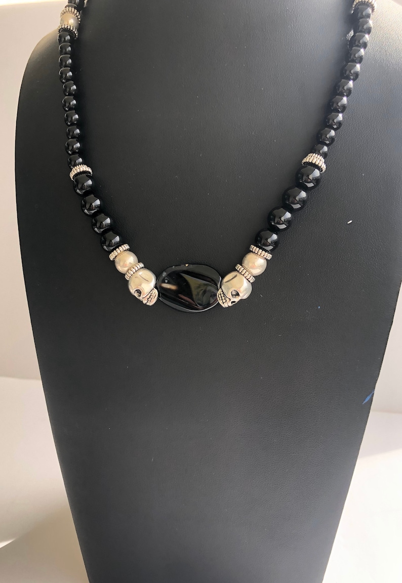 Short skull necklace for men and women 925 sterling silver with black onyx goth necklace Valentine/'s day gift