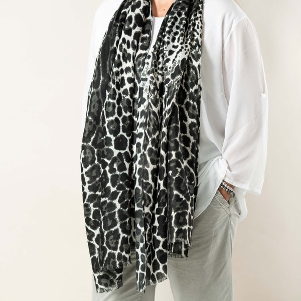 Animal Print Scarf In A Gift Box, Grey Leopard Print Scarf, Grey Animal Print, Soft Lightweight Scarf, Ladies Scarf, Birthday Gift For Her