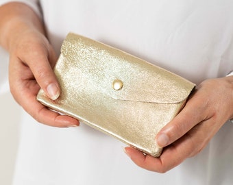 Metallic Gold Leather Button Purse, Coin Purse, Genuine Leather Purse, Textured Leather Purse, Gold Purse, Medium Gold Purse