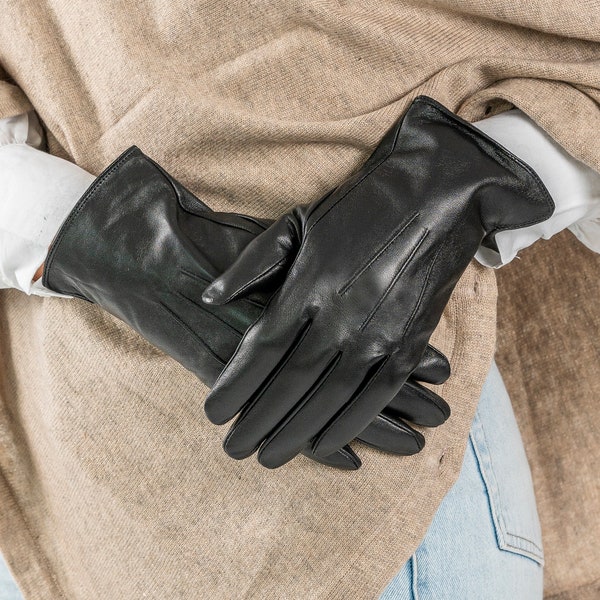 Stitch Detail Black Leather Gloves Women, Black Leather Women's Gloves, Xmas Gift for Her, Stocking Filler, Leather Gloves Ladies