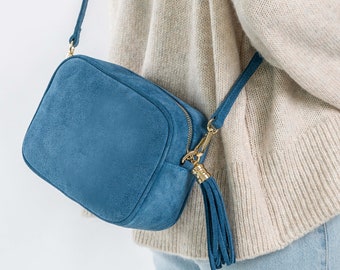 Sac croisé en daim bleu, sac à bandoulière, cadeau de Noël, sac en daim bleu, sac de tous les jours, daim, sac en daim, sac pour appareil photo, sac pour femmes