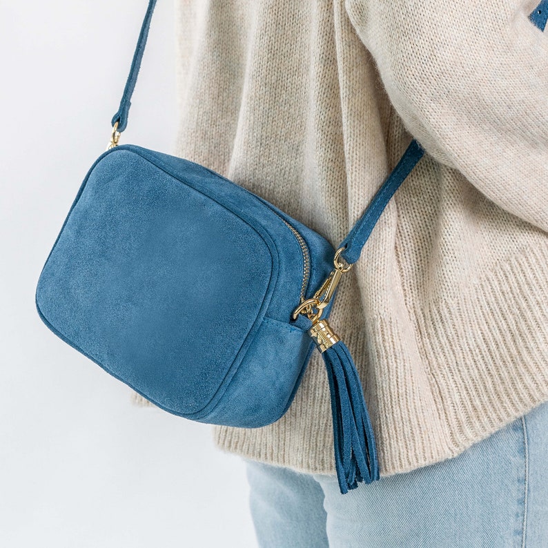 Sac croisé en daim bleu, sac à bandoulière, cadeau de Noël, sac en daim bleu, sac de tous les jours, daim, sac en daim, sac pour appareil photo, sac pour femmes image 1