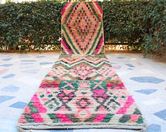 Alfombra de corredor marroquí 12.8x2.5, corredor de estilo marroquí bereber, alfombra de pasillo geométrica, alfombra de corredor de lana rosa y verde, alfombra de pasillo larga y colorida