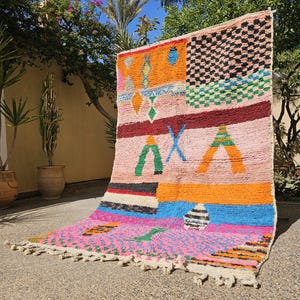 Colorful Boujad Rugs – Moroccan Rug 5x8 – Coral Pink Berber Shag Rug – Tufted Orange Rug – Handmade Geometric Area Carpet – Boho Home Decor