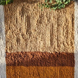 May include: A rectangular, textured rug with a striped design. The rug features a light tan upper section, a dark brown middle section, and a golden-brown lower section. The rug has a white border on the left side. Green leaves are in the upper right corner.