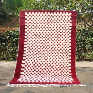 Checkered Moroccan rug, Beni Ourain rug, Teppich, Rugs for living room 8x10, Red and white Morrocan area rug, Handmade checkered wool rug