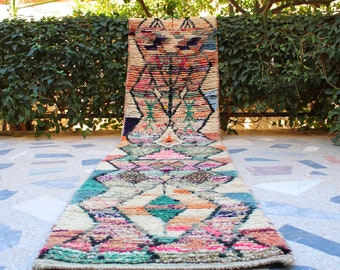 COLORIDA alfombra de corredor marroquí hecha a mano con patrones geométricos y colores vibrantes, corredores de alfombras bereberes tribales, corredores de alfombras de lana, Boujad