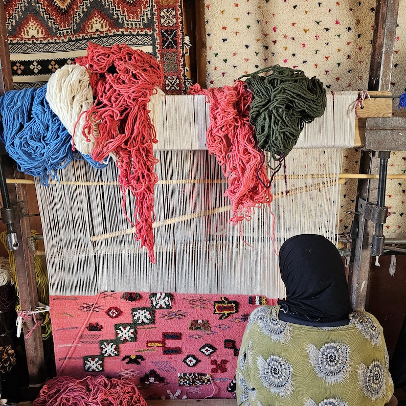Awal - Dusty Rose Taznakht Rug | Vibrant Amazigh Symbol Wool Carpet ...