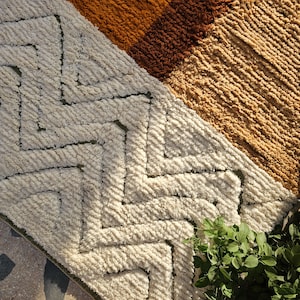 May include: Close-up of a textured rug with geometric patterns. The rug features a cream-colored zig-zag design, complemented by sections of brown and tan hues. The rug's texture is visible, with a soft, woven appearance. A small green plant is in the corner.