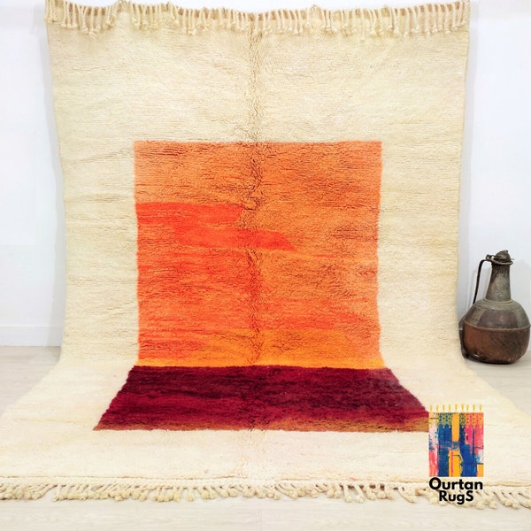 Moroccan rug orange, Abstract rugs for living room, Beni ourain rug, Rugs, Berber rug, Morrocan rug, Hand knotted berber area rugs, wool rug