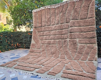 Marokkanischer Beni Ourain Teppich, Terrakotta & Grüner Wollteppich, Handgefertigter Berber Teppich, Geometrischer Marokkanischer Teppich, Boho Teppich