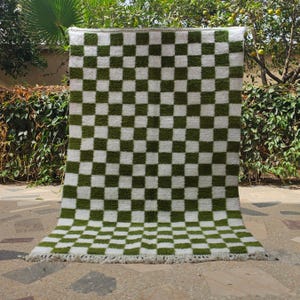 Green Checkered rug, Green and white rug, Green Moroccan rug, Berber Checkered rug, wool Rugs for living room, Beniourain rug, Morrocan rug