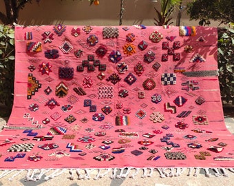 Awal - Dusty Rose Taznakht Rug | Vibrant Amazigh Symbol Wool Carpet | Handmade Moroccan Heritage Art Piece