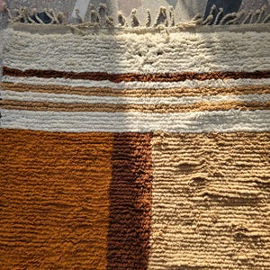 May include: A textured, rectangular rug with a mix of colors. The rug features sections of cream, brown, and tan, with horizontal stripes and a fringed edge. The rug's design is a blend of geometric and organic elements.