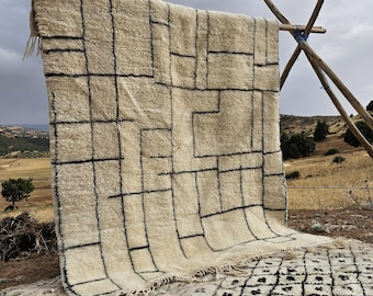 Handwoven Moroccan Beni Mrirt Rug: Cream Wool, Black Grid, Plush Pile