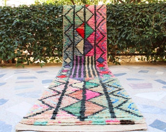 COLORIDA alfombra de corredor marroquí hecha a mano con patrones geométricos y colores vibrantes, corredores de alfombras bereberes tribales, corredores de alfombras de lana, Boujad