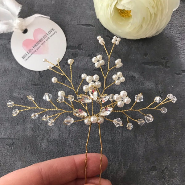 Maria Grande Braut-Haarschmuck gold Haarnadel Perlenblume Kristall auch für Brautjungfer/Trauzeugin/Blumenmädchen Vintage BBIL Hochzeit