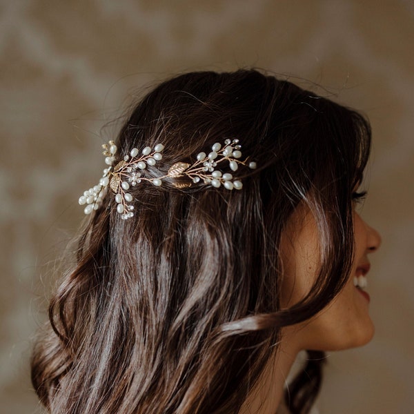 Braut Haarschmuck Set Glamour Hochzeit goldene Blätter-Haarkranz Haarnadel Perlen Kristallen Strassblume Brautjungfer Trauzeugin Magherita