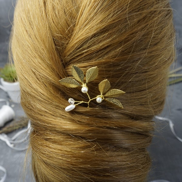 Amalfi Belle's Brides Hochzeit goldene Blätter-Haarnadel mit Kristall Perlen, Haarschmuck für Braut oder Brautjungfer (Gold)