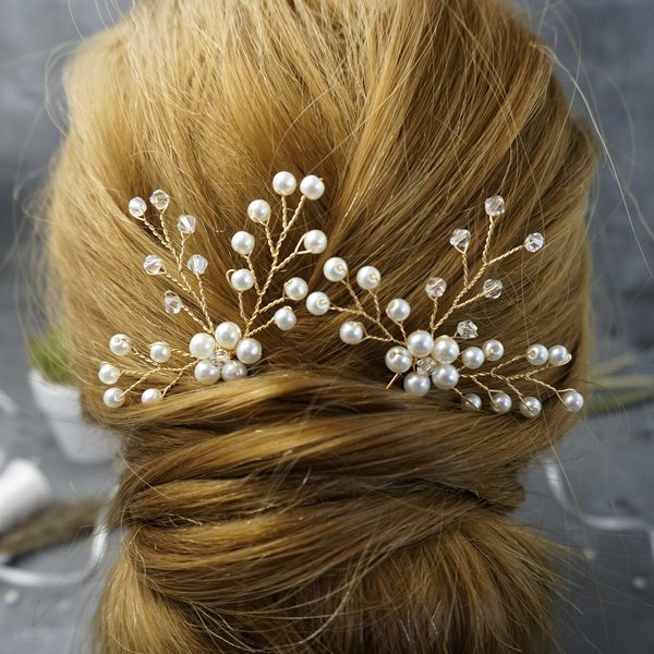 2 gold Haarnadel Barcis Braut-Haarschmuck Perlenblume Kristall auch für Brautjungfer/Trauzeugin/Blumenmädchen Vintage BBIL Hochzeit