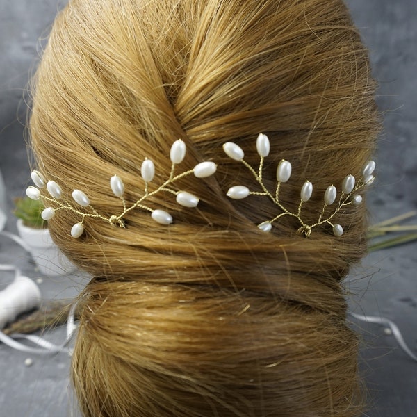 2 gold Braut-Haarnadeln Perlen Haarschmuck für Braut/ Brautjungfer Perlenäste Piccolo Angelina Belle's Brides Hochzeit